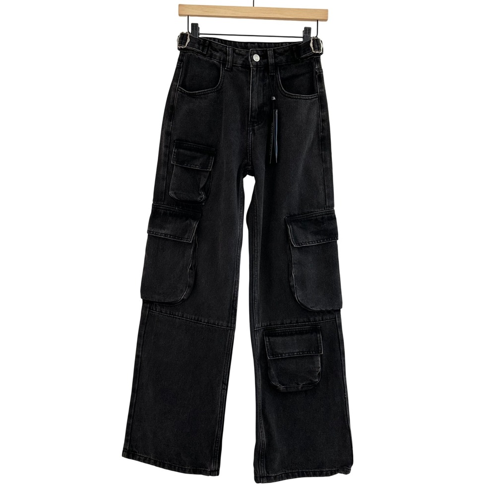 YoungLA Cargo‎ Jeans Womens XS Black Wide Leg Utility Streetwear Skater W242 NWT